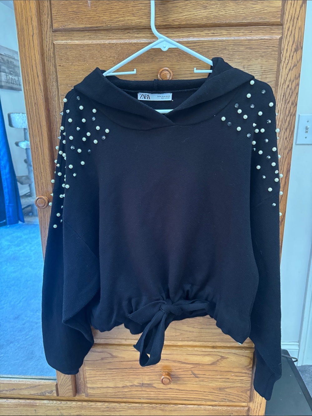 Zara Black Pearl-Accent Tie-Hem Hoodie